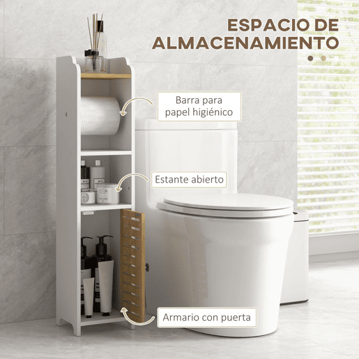 kleankin Armário de Casa de Banho Moderno Coluna Auxiliar com Prateleiras, 1 Porta e Suporte para Papel Higiénico para Quarto ou Sala, 18x20x90 cm Branco e Carvalho