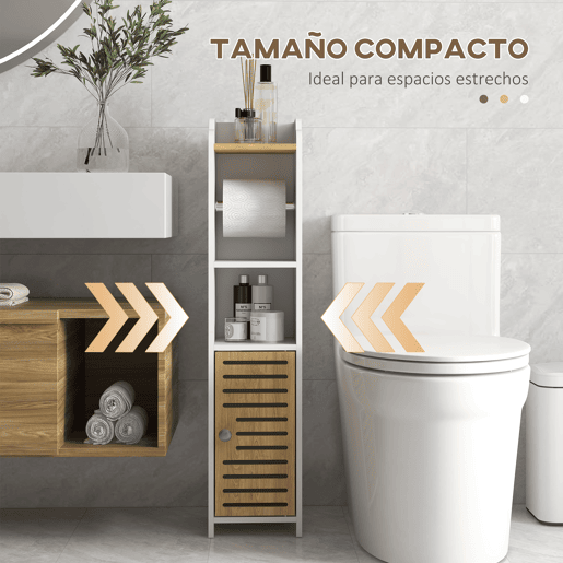 kleankin Armário de Casa de Banho Moderno Coluna Auxiliar com Prateleiras, 1 Porta e Suporte para Papel Higiénico para Quarto ou Sala, 18x20x90 cm Branco e Carvalho