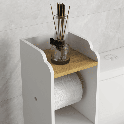 kleankin Armário de Casa de Banho Moderno Coluna Auxiliar com Prateleiras, 1 Porta e Suporte para Papel Higiénico para Quarto ou Sala, 18x20x90 cm Branco e Carvalho