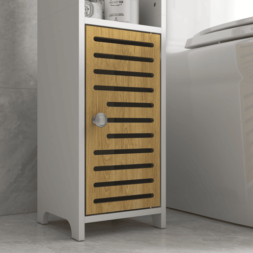 kleankin Armário de Casa de Banho Moderno Coluna Auxiliar com Prateleiras, 1 Porta e Suporte para Papel Higiénico para Quarto ou Sala, 18x20x90 cm Branco e Carvalho