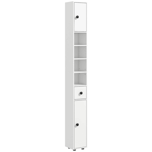kleankin Armário Alto de Casa de Banho, Coluna Estreita com 1 Gaveta, 4 Prateleiras Abertas e Prateleiras Ajustáveis, 2 Portas, Estilo Moderno, para Espaços Pequenos, 20x20x180 cm, Branco