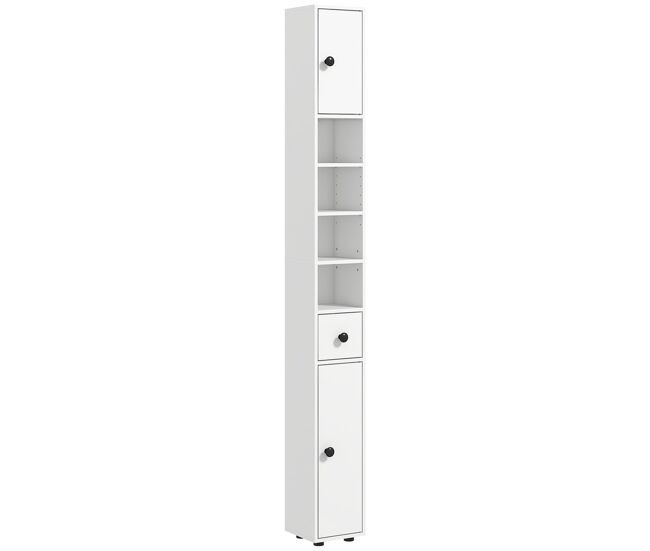 Kleankin armario de baño alto, columna de baño estrecha con 1 cajón, 4 estantes abiertos y estantes ajustables, 2 puertas, estilo moderno, para espacios pequeños, 20x20x180 cm, blanco