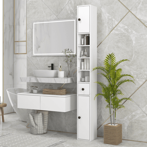 kleankin Armário Alto de Casa de Banho, Coluna Estreita com 1 Gaveta, 4 Prateleiras Abertas e Prateleiras Ajustáveis, 2 Portas, Estilo Moderno, para Espaços Pequenos, 20x20x180 cm, Branco