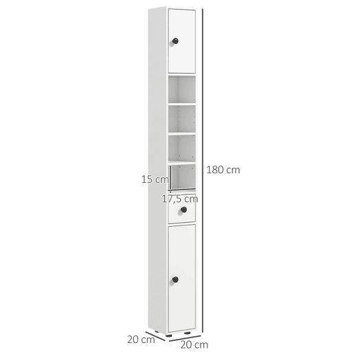 kleankin Armário Alto de Casa de Banho, Coluna Estreita com 1 Gaveta, 4 Prateleiras Abertas e Prateleiras Ajustáveis, 2 Portas, Estilo Moderno, para Espaços Pequenos, 20x20x180 cm, Branco