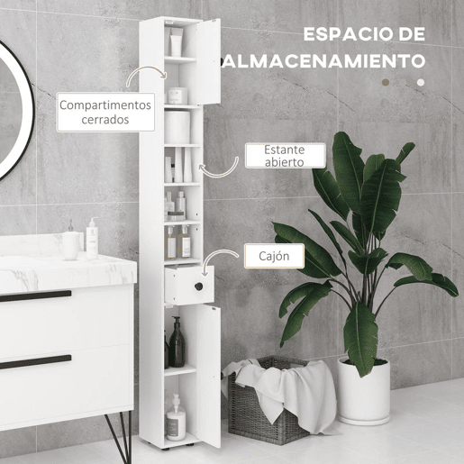 kleankin Armário Alto de Casa de Banho, Coluna Estreita com 1 Gaveta, 4 Prateleiras Abertas e Prateleiras Ajustáveis, 2 Portas, Estilo Moderno, para Espaços Pequenos, 20x20x180 cm, Branco
