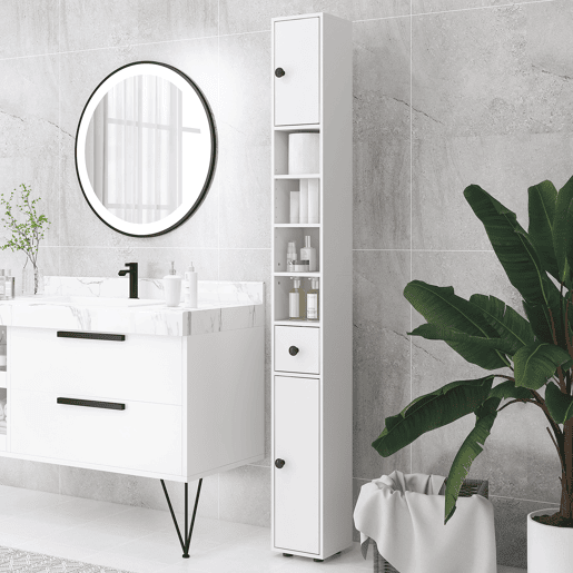 kleankin Armário Alto de Casa de Banho, Coluna Estreita com 1 Gaveta, 4 Prateleiras Abertas e Prateleiras Ajustáveis, 2 Portas, Estilo Moderno, para Espaços Pequenos, 20x20x180 cm, Branco