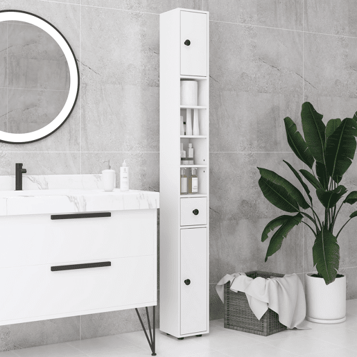 kleankin Armário Alto de Casa de Banho, Coluna Estreita com 1 Gaveta, 4 Prateleiras Abertas e Prateleiras Ajustáveis, 2 Portas, Estilo Moderno, para Espaços Pequenos, 20x20x180 cm, Branco