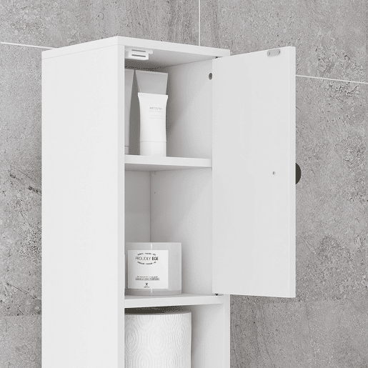 kleankin Armário Alto de Casa de Banho, Coluna Estreita com 1 Gaveta, 4 Prateleiras Abertas e Prateleiras Ajustáveis, 2 Portas, Estilo Moderno, para Espaços Pequenos, 20x20x180 cm, Branco