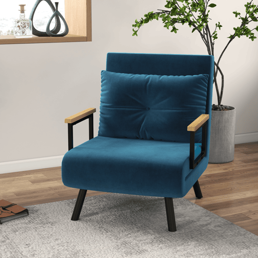 HOMCOM Poltrona Convertível em Cama Dobrável Poltrona 3 em 1 Convertível em Cama com Encosto Ajustável em 5 Níveis e Almofada Acolchoada para Escritório Sala de Estar Carga 120 kg 63x73x81 cm Azul