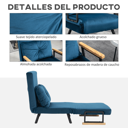 HOMCOM Poltrona Convertível em Cama Dobrável Poltrona 3 em 1 Convertível em Cama com Encosto Ajustável em 5 Níveis e Almofada Acolchoada para Escritório Sala de Estar Carga 120 kg 63x73x81 cm Azul