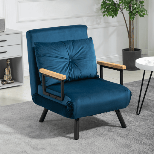 HOMCOM Poltrona Convertível em Cama Dobrável Poltrona 3 em 1 Convertível em Cama com Encosto Ajustável em 5 Níveis e Almofada Acolchoada para Escritório Sala de Estar Carga 120 kg 63x73x81 cm Azul