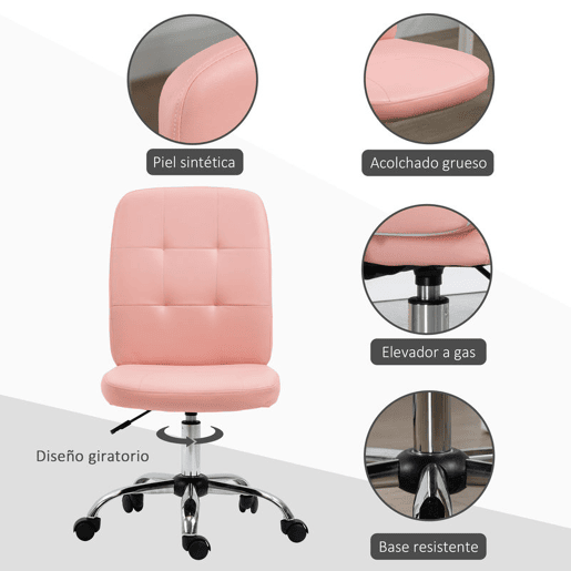 Vinsetto Cadeira de Escritório sem Apoio para os Braços Cadeira de Escritório Giratória de Couro Sintético com Altura Ajustável Estilo Moderno Carga Máxima 120 kg 45x59x90-100 cm Rosa