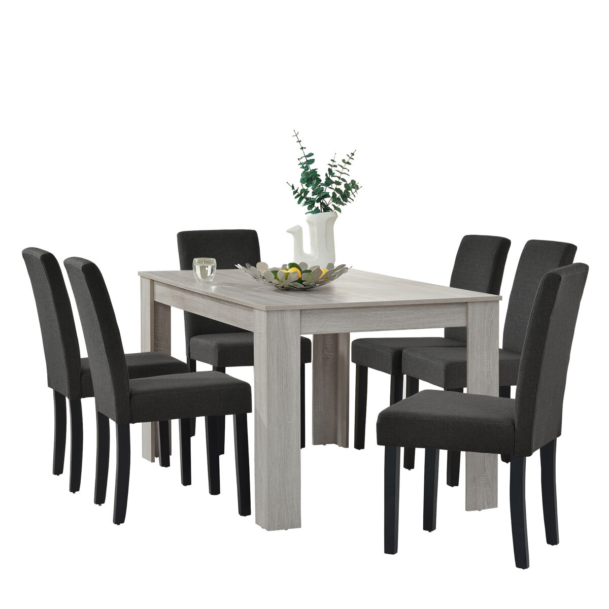 Set de comedor kramfors mesa con 6 sillas rústico mdf textil 140 x 90 x 77 cm - roble blanco y gris oscuro [en.casa]