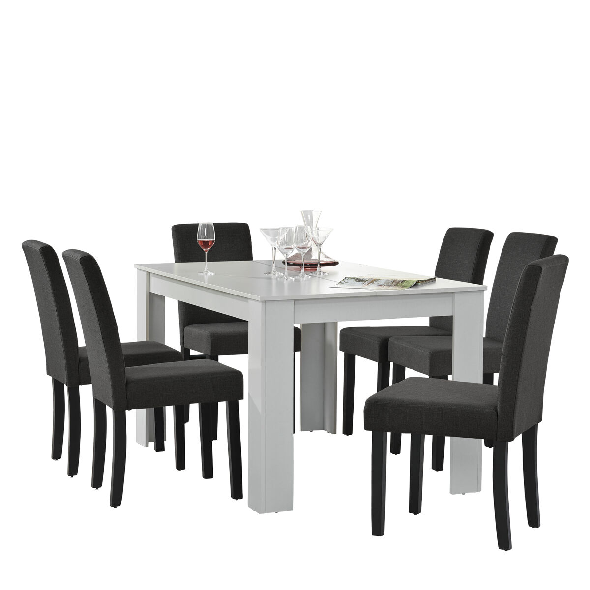 set de comedor kramfors mesa con 6 sillas rustico mdf textil 140 x 90 x 77 cm - blanco y gris oscuro encasa