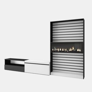 Conjunto de móveis TV, Mobiliário sala de estar, 310x35x186cm, Para televisores até 80, Lareira eléctrica XXL, Estilo moderno, Branco e preto