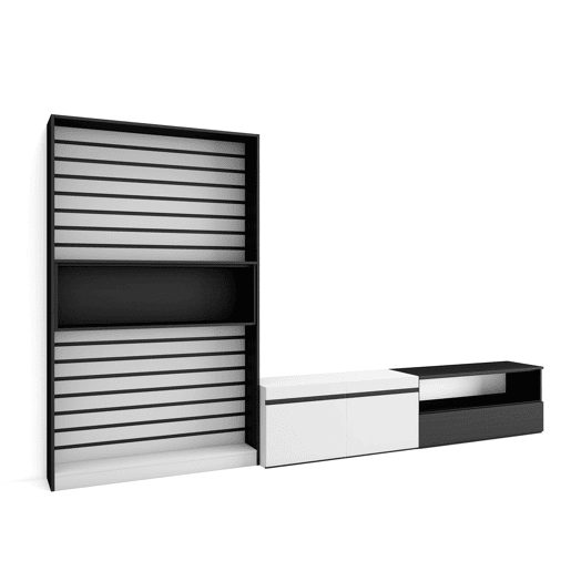 Conjunto de móveis TV, Mobiliário sala de estar, 310x35x186cm, Para televisores até 80, Estante para TV, Estilo moderno, Branco e preto