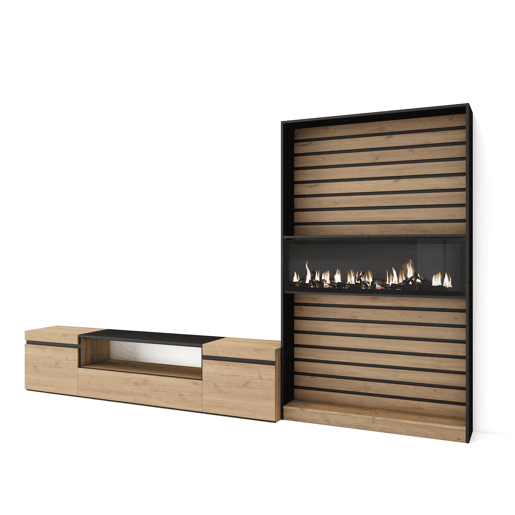 Conjunto de móveis TV, Mobiliário sala de estar, 310x35x186cm, Para televisores até 80, Lareira eléctrica XXL, Estilo moderno, Carvalho e preto