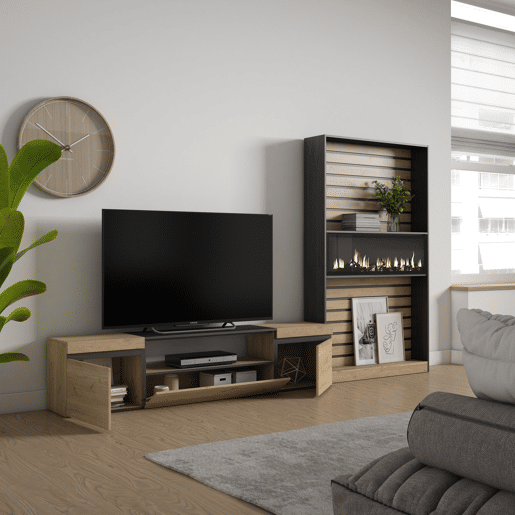 Conjunto de móveis TV, Mobiliário sala de estar, 310x35x186cm, Para televisores até 80, Lareira eléctrica XXL, Estilo moderno, Carvalho e preto