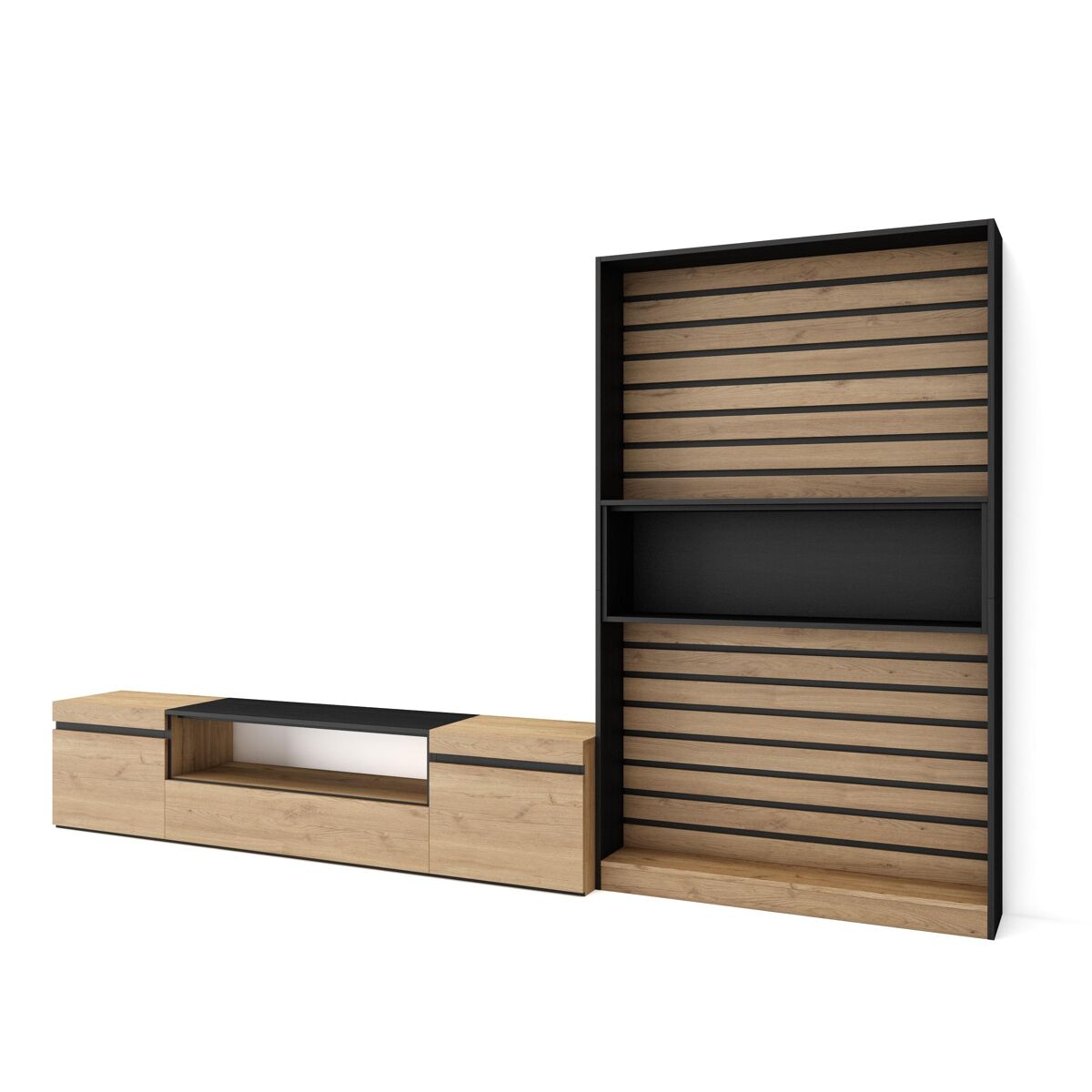 Muebles de salón para tv, conjunto de muebles comedor, 210x35x186cm, para tv hasta 80", mueble televisión, estilo moderno, roble y negro