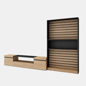 Conjunto de móveis TV, Mobiliário sala de estar, 310x35x186cm, Para televisores até 80, Estante para TV, Estilo moderno, Carvalho e preto