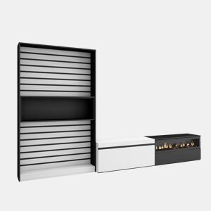 Conjunto de móveis TV, Mobiliário sala de estar, 310x35x186cm, Para televisores até 80, Lareira eléctrica, Estilo moderno, Branco e preto