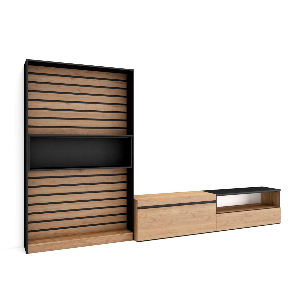 Muebles de salón para tv, conjunto de muebles comedor, 210x35x186cm, para tv hasta 80", mueble televisión, estilo moderno, roble y negro