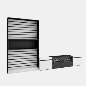 Conjunto de móveis TV, Mobiliário sala de estar, 310x35x186cm, Para televisores até 80, Lareira eléctrica, Estilo moderno, Branco e preto