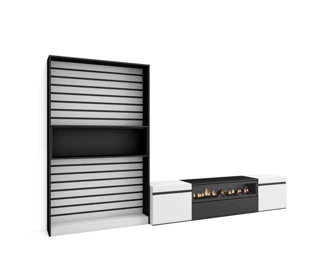Muebles de salón para tv, conjunto de muebles comedor, 210x35x186cm, para tv hasta 80", chimenea eléctrica, estilo moderno, blanco y negro