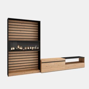 Conjunto de móveis TV, Mobiliário sala de estar, 310x35x186cm, Para televisores até 80, Lareira eléctrica XXL, Estilo moderno, Carvalho e preto