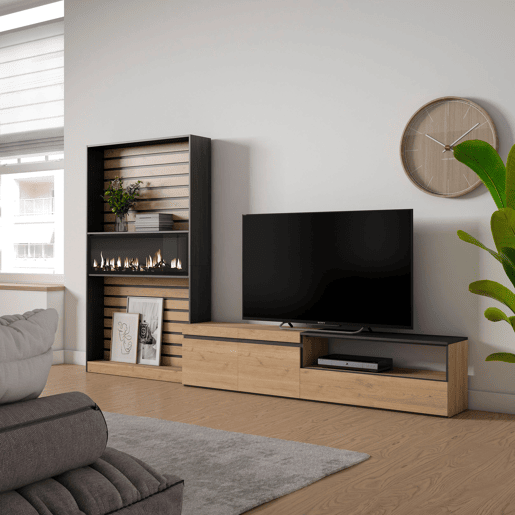 Conjunto de móveis TV, Mobiliário sala de estar, 310x35x186cm, Para televisores até 80, Lareira eléctrica XXL, Estilo moderno, Carvalho e preto