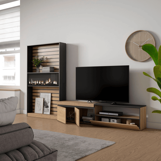 Conjunto de móveis TV, Mobiliário sala de estar, 310x35x186cm, Para televisores até 80, Lareira eléctrica XXL, Estilo moderno, Carvalho e preto