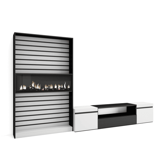 Conjunto de móveis TV, Mobiliário sala de estar, 310x35x186cm, Para televisores até 80, Lareira eléctrica XXL, Estilo moderno, Branco e preto