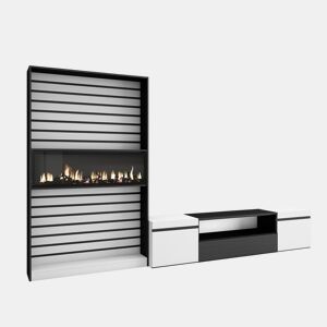 Conjunto de móveis TV, Mobiliário sala de estar, 310x35x186cm, Para televisores até 80, Lareira eléctrica XXL, Estilo moderno, Branco e preto