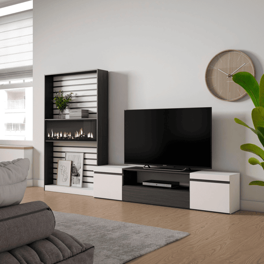Conjunto de móveis TV, Mobiliário sala de estar, 310x35x186cm, Para televisores até 80, Lareira eléctrica XXL, Estilo moderno, Branco e preto