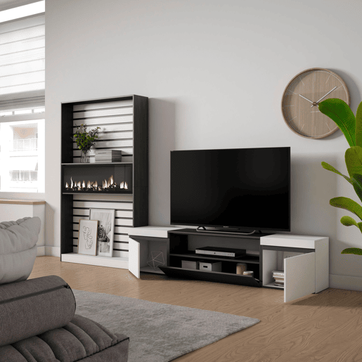 Conjunto de móveis TV, Mobiliário sala de estar, 310x35x186cm, Para televisores até 80, Lareira eléctrica XXL, Estilo moderno, Branco e preto