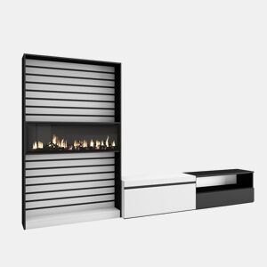 Conjunto de móveis TV, Mobiliário sala de estar, 310x35x186cm, Para televisores até 80, Lareira eléctrica XXL, Estilo moderno, Branco e preto