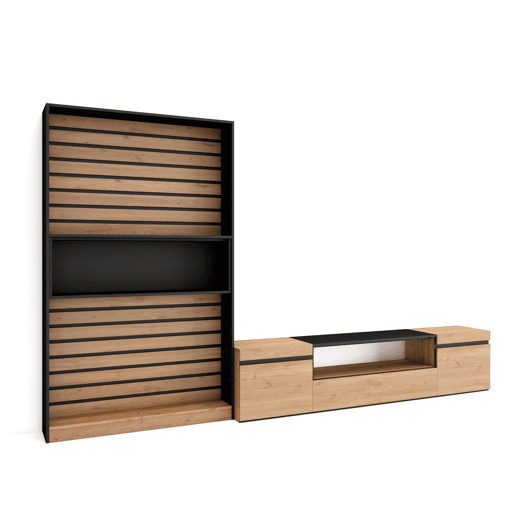 Conjunto de móveis TV, Mobiliário sala de estar, 310x35x186cm, Para televisores até 80, Estante para TV, Estilo moderno, Carvalho e preto