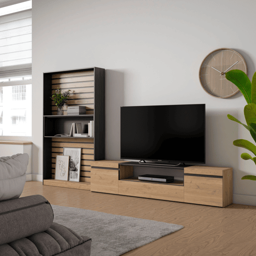 Conjunto de móveis TV, Mobiliário sala de estar, 310x35x186cm, Para televisores até 80, Estante para TV, Estilo moderno, Carvalho e preto