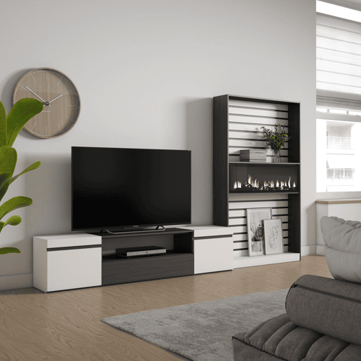 Conjunto de móveis TV, Mobiliário sala de estar, 310x35x186cm, Para televisores até 80, Lareira eléctrica XXL, Estilo moderno, Branco e preto Conjunto de móveis TV, Mobiliário sala de estar, 310x35x186cm, Para televisores até 80, Lareira eléctrica XXL, Estilo moderno, Branco e preto