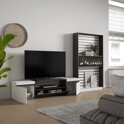 Conjunto de móveis TV, Mobiliário sala de estar, 310x35x186cm, Para televisores até 80, Lareira eléctrica XXL, Estilo moderno, Branco e preto Conjunto de móveis TV, Mobiliário sala de estar, 310x35x186cm, Para televisores até 80, Lareira eléctrica XXL, Estilo moderno, Branco e preto