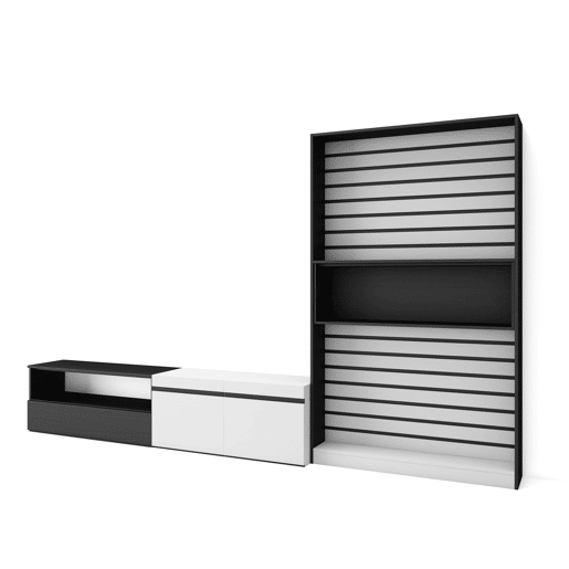 Conjunto de móveis TV, Mobiliário sala de estar, 310x35x186cm, Para televisores até 80, Estante para TV, Estilo moderno, Branco e preto