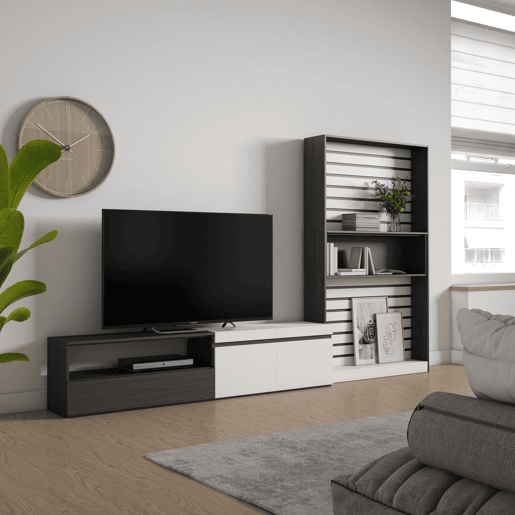 Conjunto de móveis TV, Mobiliário sala de estar, 310x35x186cm, Para televisores até 80, Estante para TV, Estilo moderno, Branco e preto