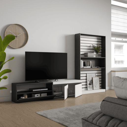 Conjunto de móveis TV, Mobiliário sala de estar, 310x35x186cm, Para televisores até 80, Estante para TV, Estilo moderno, Branco e preto