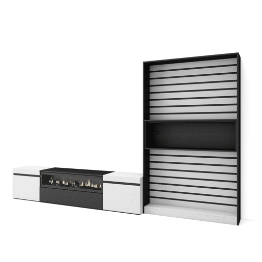 Conjunto de móveis TV, Mobiliário sala de estar, 310x35x186cm, Para televisores até 80, Lareira eléctrica, Estilo moderno, Branco e preto