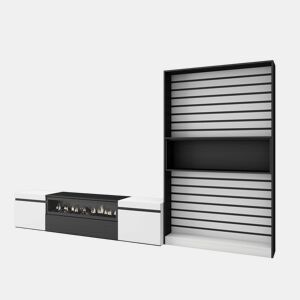 Conjunto de móveis TV, Mobiliário sala de estar, 310x35x186cm, Para televisores até 80, Lareira eléctrica, Estilo moderno, Branco e preto