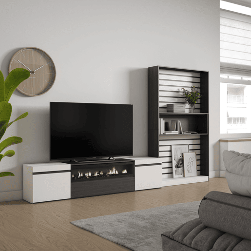 Conjunto de móveis TV, Mobiliário sala de estar, 310x35x186cm, Para televisores até 80, Lareira eléctrica, Estilo moderno, Branco e preto