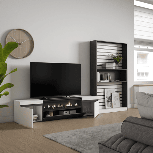 Conjunto de móveis TV, Mobiliário sala de estar, 310x35x186cm, Para televisores até 80, Lareira eléctrica, Estilo moderno, Branco e preto