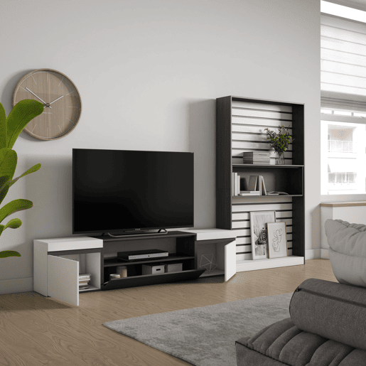 Conjunto de móveis TV, Mobiliário sala de estar, 310x35x186cm, Para televisores até 80, Estante para TV, Estilo moderno, Branco e preto