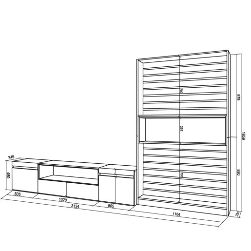 Conjunto de móveis TV, Mobiliário sala de estar, 310x35x186cm, Para televisores até 80, Estante para TV, Estilo moderno, Branco e preto