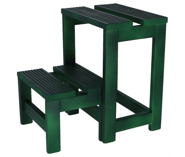 Taburete escalera 2 peldaños fabricado en madera, acabado en verde, 32x23x40 cm